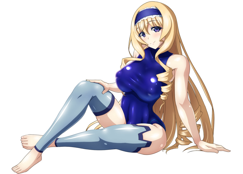 1girl blonde_hair blue_eyes blue_hairband blue_leotard blush breasts cecilia_alcott covered_navel covered_nipples curly_hair drill_hair hairband highres infinite_stratos large_breasts leotard lolita_hairband long_hair looking_at_viewer pilot_suit shiny shiny_hair shiny_skin simple_background sitting skin_tight smile solo taut_clothes thighhighs white_background yurinozuku1112