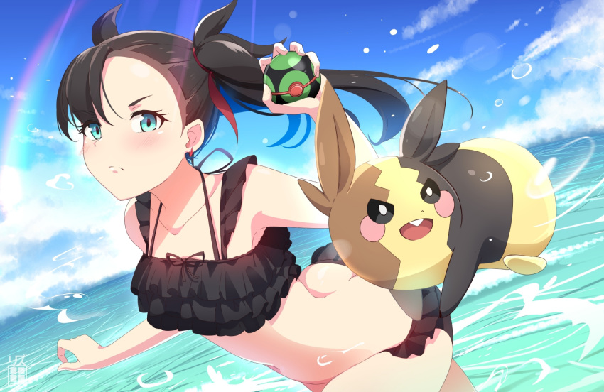 1girl asymmetrical_bangs bangs black_hair black_swimsuit blue_eyes blush cloud commentary day dusk_ball earrings eyelashes gen_8_pokemon hair_ribbon holding holding_poke_ball jewelry long_hair looking_at_viewer looking_to_the_side mary_(pokemon) morpeko morpeko_(full) outdoors poke_ball pokemon pokemon_(creature) pokemon_(game) pokemon_swsh red_ribbon ribbon rizuta sky sunlight swimsuit twintails water