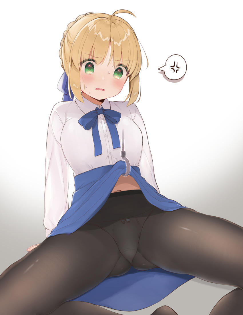 1girl ahoge aizawa85 anger_vein artoria_pendragon_(all) ass_visible_through_thighs black_legwear blonde_hair blue_bow blue_skirt blush bow bow_panties braid breasts collared_shirt commentary_request dress_shirt fate/stay_night fate_(series) feet_out_of_frame gradient gradient_background green_eyes grey_background hair_bow highres hook medium_breasts panties panties_under_pantyhose pantyhose parted_lips saber shirt sidelocks skirt skirt_lift solo spoken_anger_vein spread_legs sweat underwear white_background white_shirt