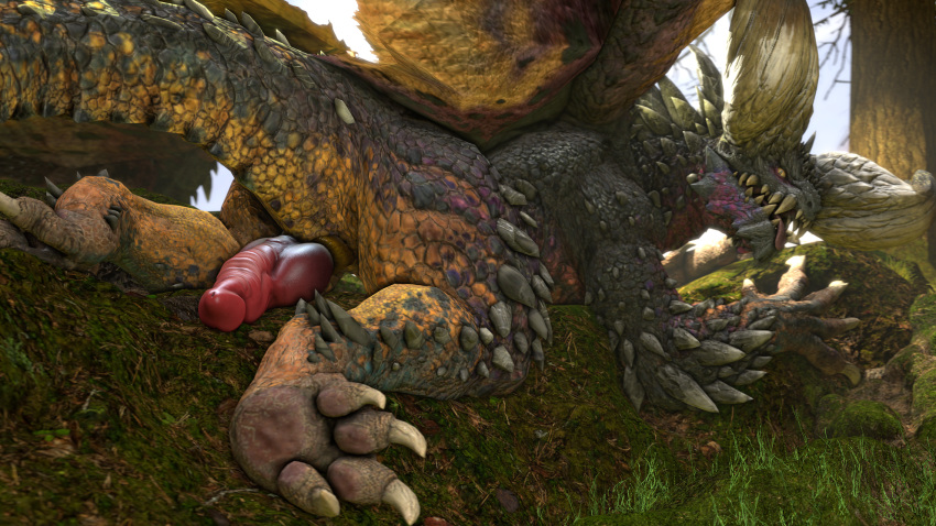 3d_(artwork) barlu capcom claws digital_media_(artwork) dragon elder_dragon english_text erection feral genitals grass hi_res hindpaw horn looking_at_viewer looking_back looking_pleasured lying male monster_hunter nergigante pawpads paws penis solo source_filmmaker spikes teeth text toe_claws toes tongue tongue_out tree video_games wings