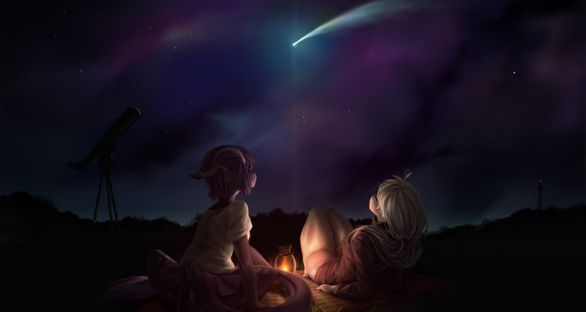 2020 anthro clothed clothing detailed_background digital_media_(artwork) dragon duo female fruitbloodmilkshake grass hi_res lantern night outside sitting sky star starry_sky