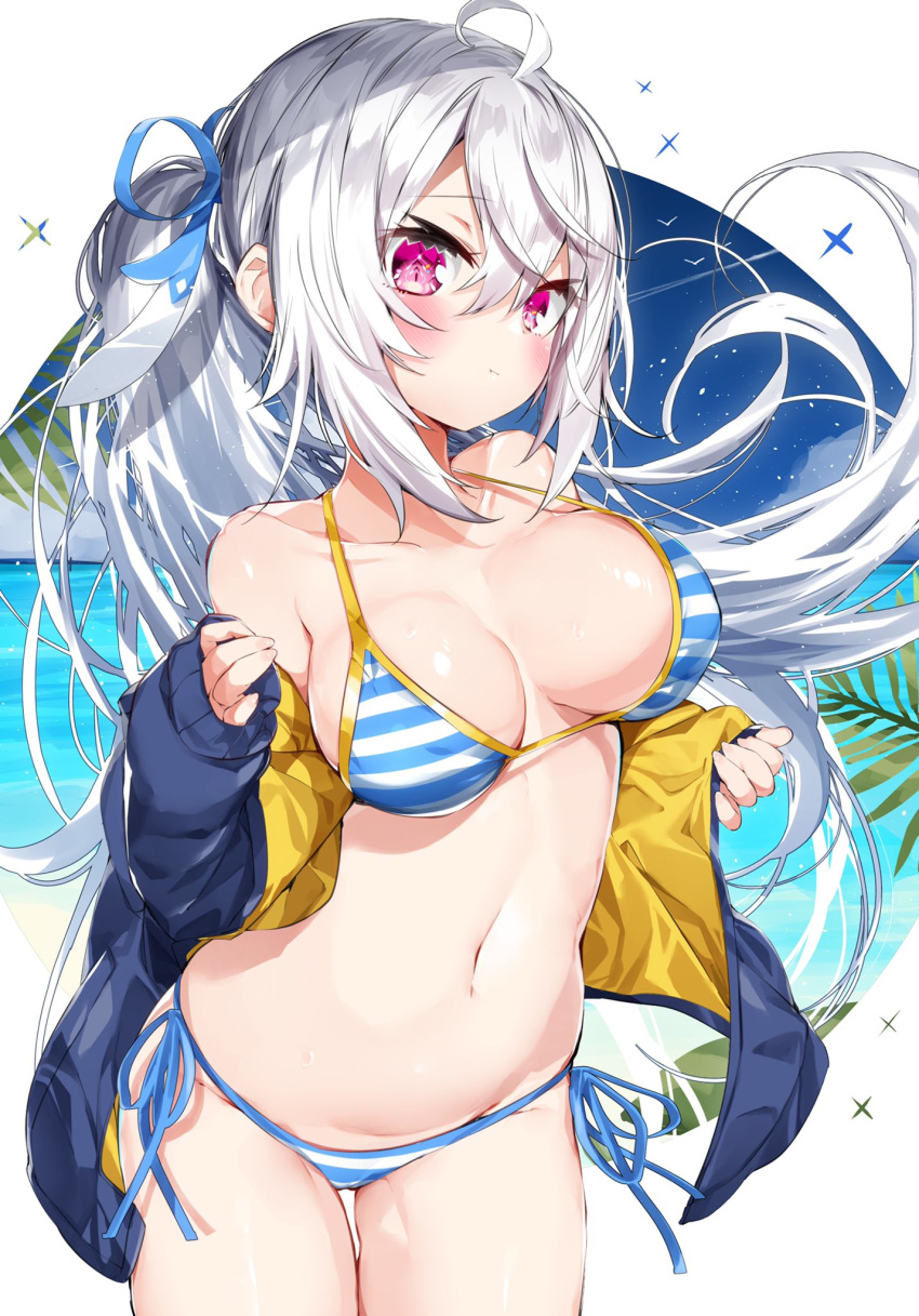 1girl bangs bare_shoulders bikini blue_jacket blue_ribbon blush breasts closed_mouth collarbone commentary_request cowboy_shot eyebrows_visible_through_hair groin hair_between_eyes hair_ribbon halter_top halterneck highres jacket kamioka_shun'ya long_hair long_sleeves looking_at_viewer medium_breasts navel off_shoulder open_clothes open_jacket original ponytail puffy_long_sleeves puffy_sleeves purple_eyes ribbon shiori_(kamioka_shun'ya) side-tie_bikini silver_hair sleeves_past_wrists solo standing striped striped_bikini swimsuit thigh_gap very_long_hair