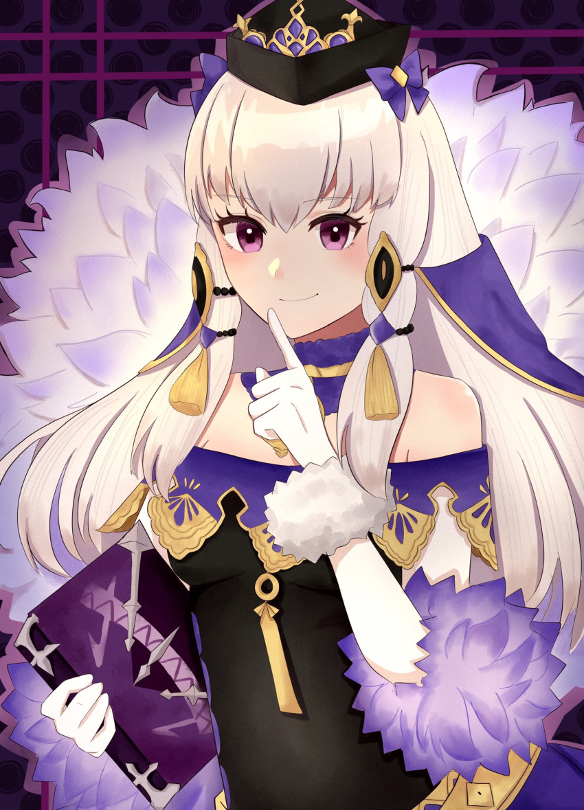 1girl book closed_mouth dress fire_emblem fire_emblem:_three_houses fire_emblem_heroes fur_trim gloves hair_ornament hat highres holding holding_book long_hair lysithea_von_ordelia otokajife pink_eyes smile solo upper_body white_gloves white_hair