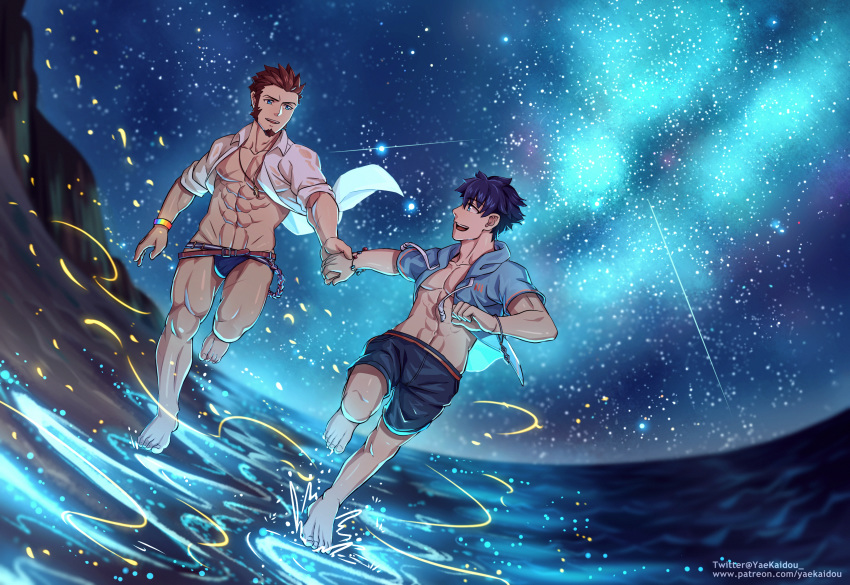 2boys abs absurdres beard black_hair blue_eyes brown_hair bulge chest facial_hair fate/grand_order fate_(series) fujimaru_ritsuka_(male) full_body goatee happy_birthday highres holding_hands huge_filesize lgbt_pride male_focus male_swimwear multiple_boys muscle napoleon_bonaparte_(fate/grand_order) night nipples pectorals rainbow_flag scar short_hair sideburns sky sparkle star_(sky) starry_sky swim_briefs swimwear thick_thighs thighs yaoi yaosan233