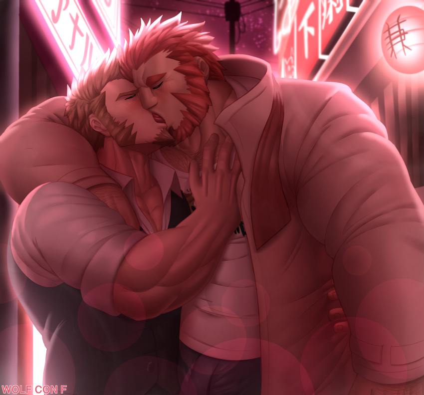 2boys abs absurdres arm_hair arm_over_shoulder bara beard blush body_hair brown_hair chest chest_hair closed_eyes coat commentary commission couple f_con facial_hair fate/grand_order fate/zero fate_(series) french_kiss hand_on_another's_chest hand_on_another's_waist highres holding_hands iskandar_(fate) kiss light_bulb long_sleeves male_focus manly multiple_boys muscle napoleon_bonaparte_(fate/grand_order) open_clothes open_vest pants pectoral_grab pectorals red_hair scarf shirt t-shirt vest yaoi