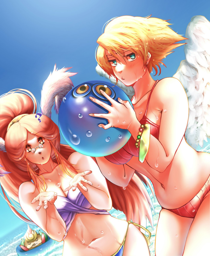 angel_wings animal_ears blonde_hair blue_eyes breasts breath_of_fire breath_of_fire_iii bunny_ears cleavage glasses highres large_breasts long_hair looking_at_viewer momo_(breath_of_fire) multiple_girls nina_(breath_of_fire_iii) peco_(breath_of_fire) red_hair short_hair swimsuit white_wings wings