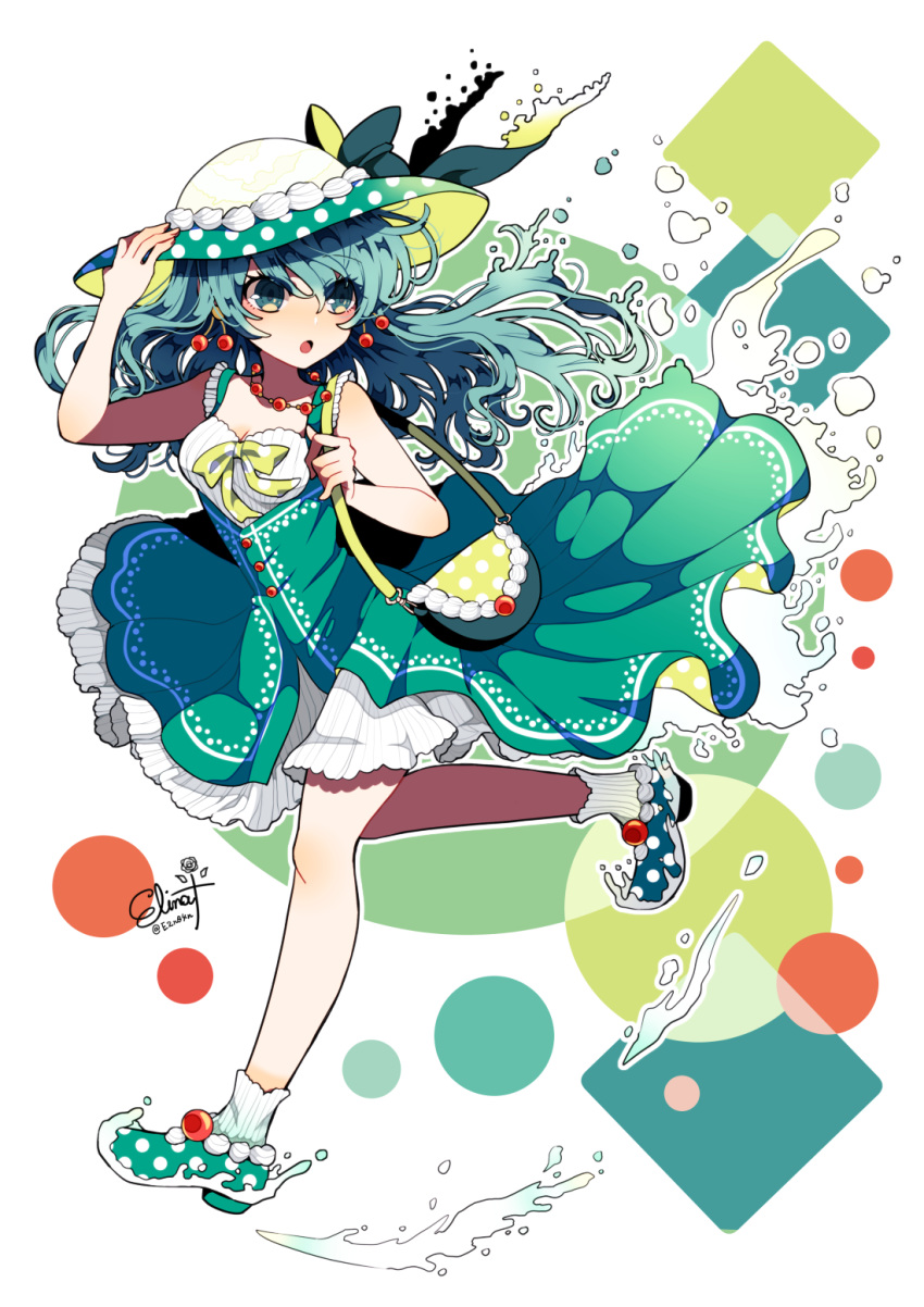 1girl aqua_hair bag bare_arms bow breasts cleavage commentary_request cream dress earrings eyebrows_visible_through_hair eyes_visible_through_hair green_dress green_eyes green_footwear hair_between_eyes hand_on_headwear handbag hat hat_bow highres jewelry long_hair looking_to_the_side murasaki_daidai_etsuo necklace open_mouth original personification polka_dot polka_dot_bow polka_dot_footwear polka_dot_headwear running signature socks solo twitter_username yellow_bow