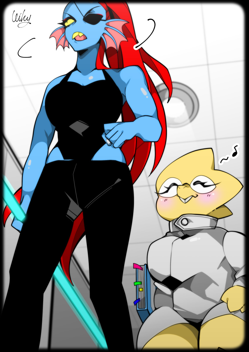 1_ku 5_fingers absurd_res alphys anthro athletic black_bottomwear black_clothing black_pants black_topwear blue_body blue_scales blush book bottomwear breasts buckteeth clothed clothing coat duo ear_fins ear_frill eye_patch eyelashes eyes_closed eyeshadow eyewear female fin fingers fish frill_(anatomy) glasses hair head_fin hi_res holding_book holding_object inside lab_coat larger_female looking_up low-angle_view makeup marine mascara musical_note nmhm non-mammal_breasts open_mouth pants pants_over_leotard ponytail pupils red_eyeshadow red_hair reptile scales scalie sharp_teeth shirt size_difference slit_pupils smaller_female smile tank_top teeth thick_thighs tight_clothing tight_coat tight_topwear tile_ceiling topwear undertale undyne video_games walking wide_hips yellow_body yellow_scales yellow_sclera yellow_teeth