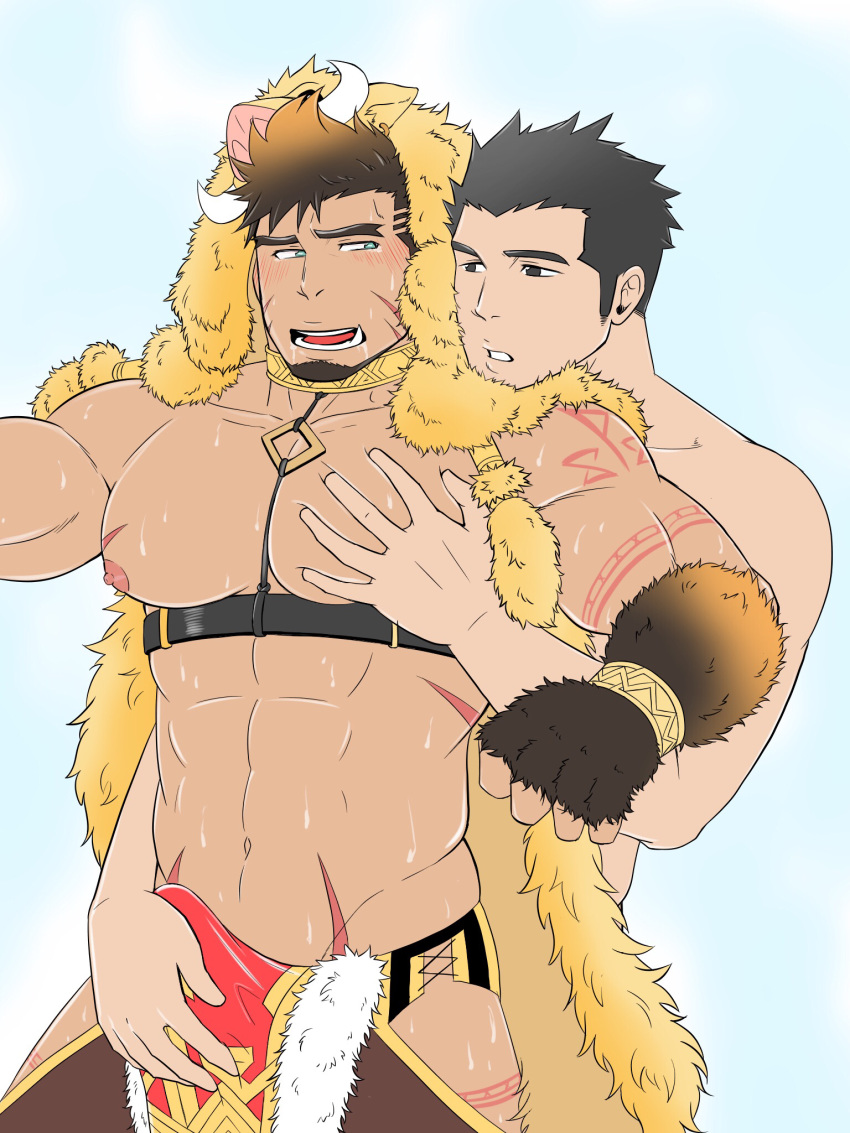 2boys abs bara beard black_hair blush brown_hair bulge chest couple erection erection_under_clothes facial_hair groping gullinbursti_(tokyo_houkago_summoners) hand_on_another's_penis highres male_focus manly master_3_(tokyo_houkago_summoners) multiple_boys muscle navel nipples open_mouth pectoral_grab pectorals porkjinta shirtless short_hair sweat thick_eyebrows thigh_cutout tokyo_houkago_summoners upper_body yaoi