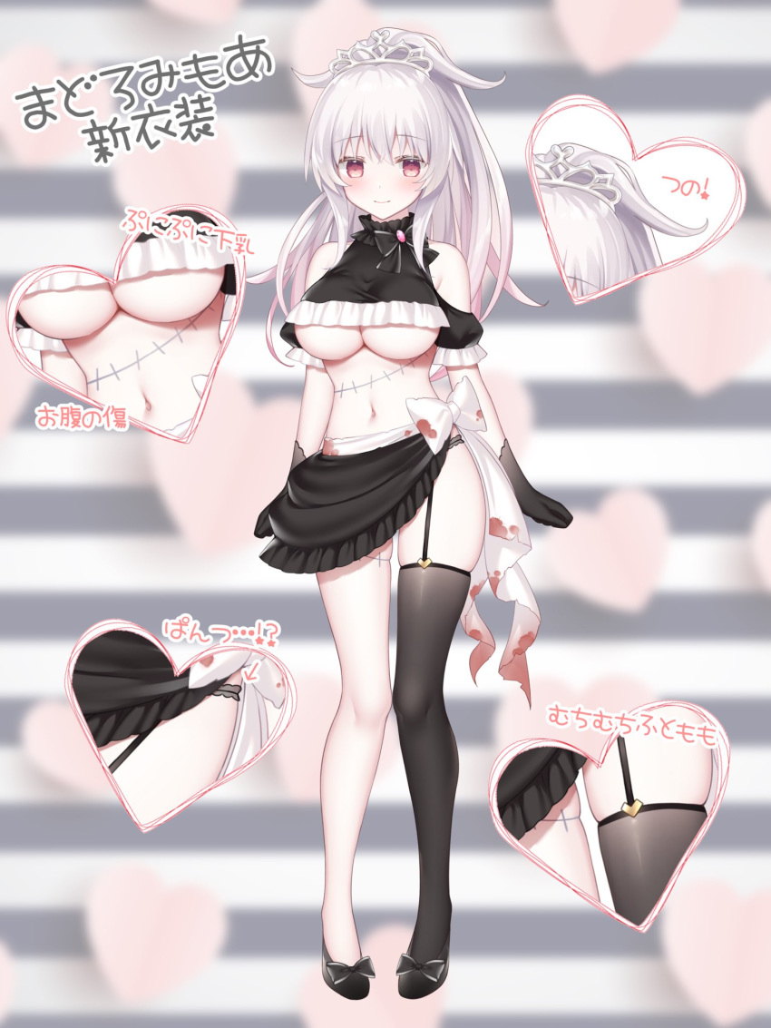 1girl bandages bangs black_footwear black_legwear blood blood_stain blush bow breasts cleavage closed_mouth crop_top full_body highres ice_cream_mad_labo large_breasts long_hair looking_at_viewer madoromi_more miko_92 official_art ponytail purple_eyes red_eyes shirt shoe_bow shoes silver_hair single_thighhigh skindentation skirt smile standing stitches thighhighs tiara virtual_youtuber