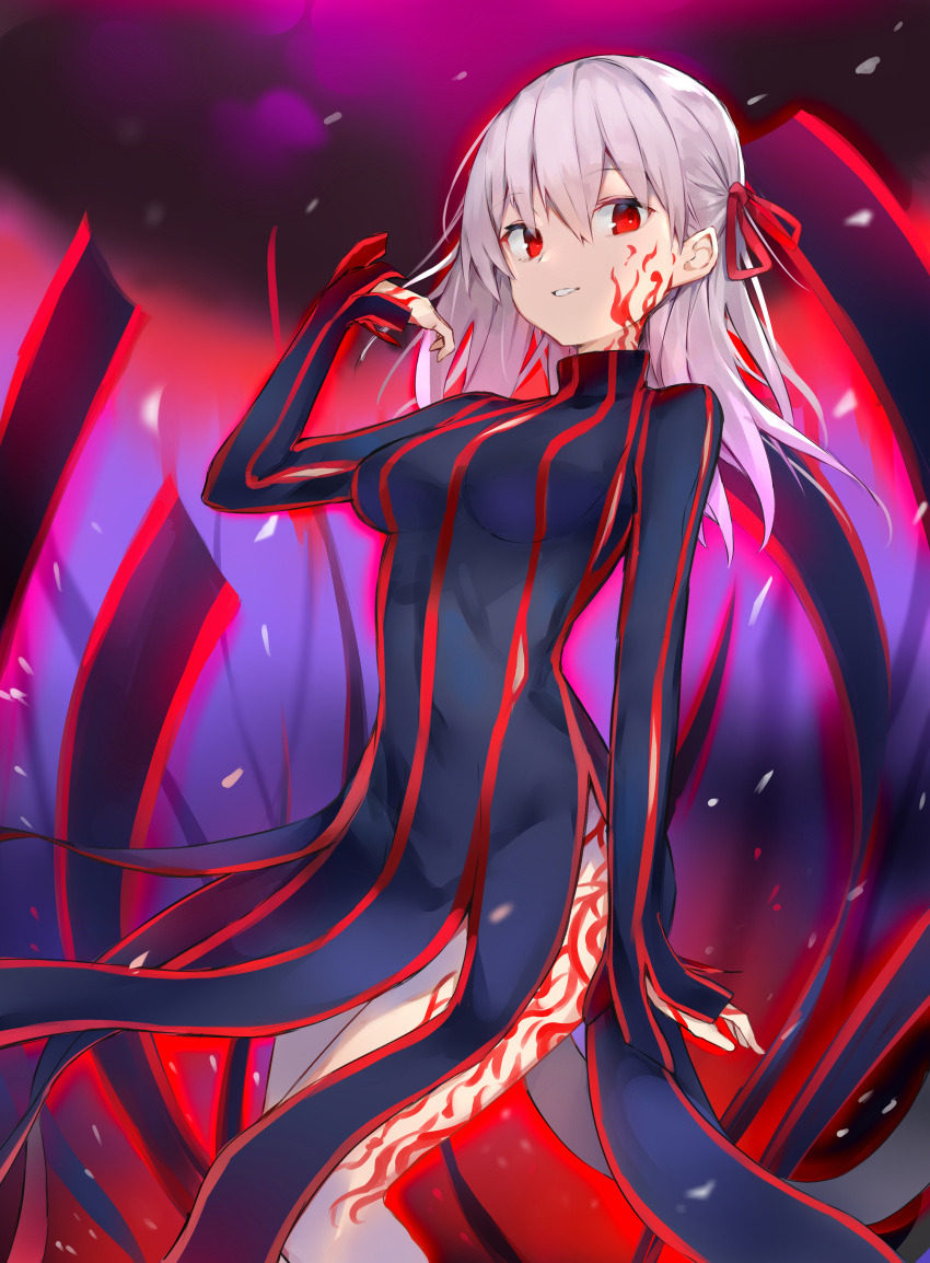 1girl absurdres black_dress body_markings breasts commentary_request corruption covered_navel dark_persona dark_sakura dress eyebrows_visible_through_hair fate/stay_night fate_(series) grey_hair hair_ribbon heaven's_feel highres long_hair long_sleeves looking_at_viewer matou_sakura medium_breasts parted_lips partial_commentary red_eyes red_ribbon ribbon ryou_(ponpgo) solo