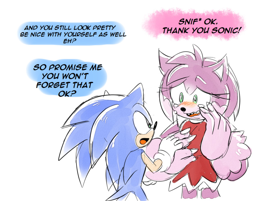 2016 alternate_species amy_rose anthro blue_body blue_fur blush bodily_fluids claws clothing dialogue drawloverlala dress duo english_text eulipotyphlan female fur gloves handwear hedgehog male mammal open_mouth pink_body pink_fur red_clothing red_dress simple_background smile sonic_the_hedgehog sonic_the_hedgehog_(series) speech_bubble standing tears text were wereeulipotyphlan werehog white_background