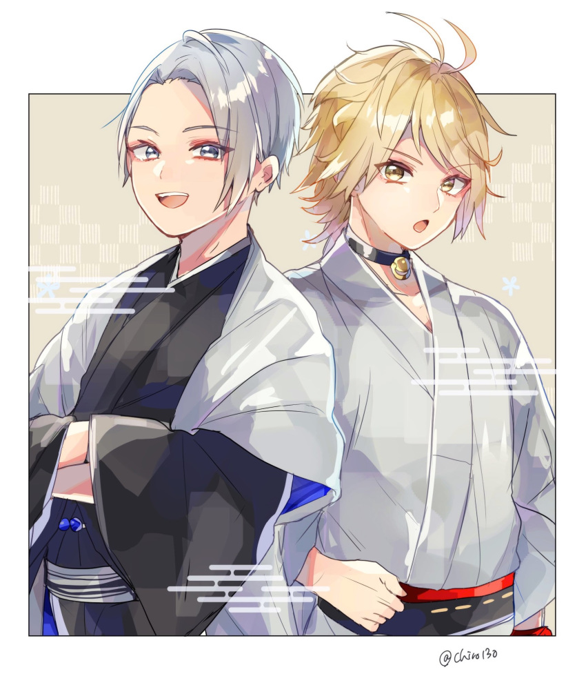 2boys :d bell bell_collar blonde_hair blue_eyes chiro_(chi-bu-ko) collar egasumi hands_in_opposite_sleeves highres japanese_clothes kimono male_focus multiple_boys nansen_ichimonji open_mouth silver_hair smile touken_ranbu twitter_username yamanbagiri_chougi yellow_eyes yukata