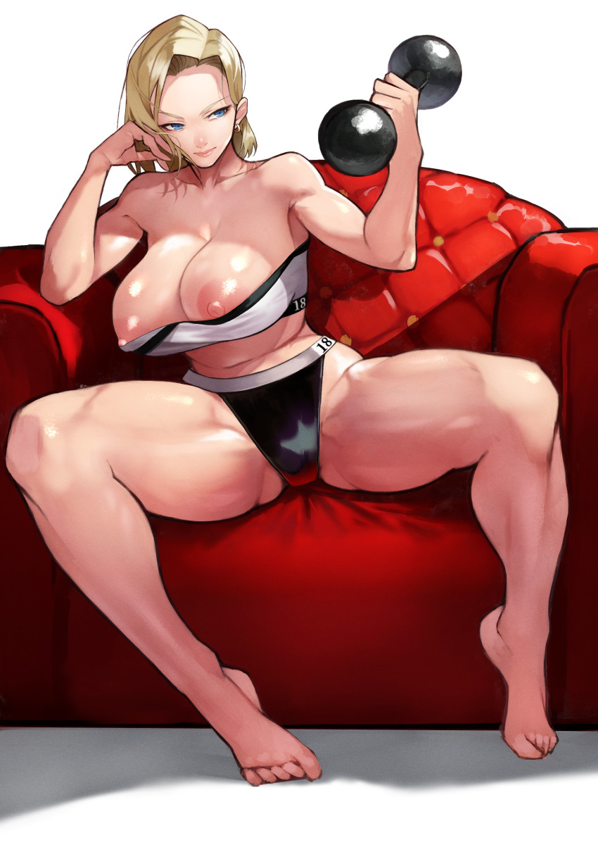 1girl absurdres android_18 black_panties blonde_hair blue_eyes breasts cleavage dragon_ball dragon_ball_z dumbbell earrings exercise gold_earrings highres jewelry large_breasts leather leather_chair nipples panties red_leather short_hair sitting spread_legs strapless thighs toes toned tubetop underwear wardrobe_malfunction weightlifting white_background yoshio_(55level)