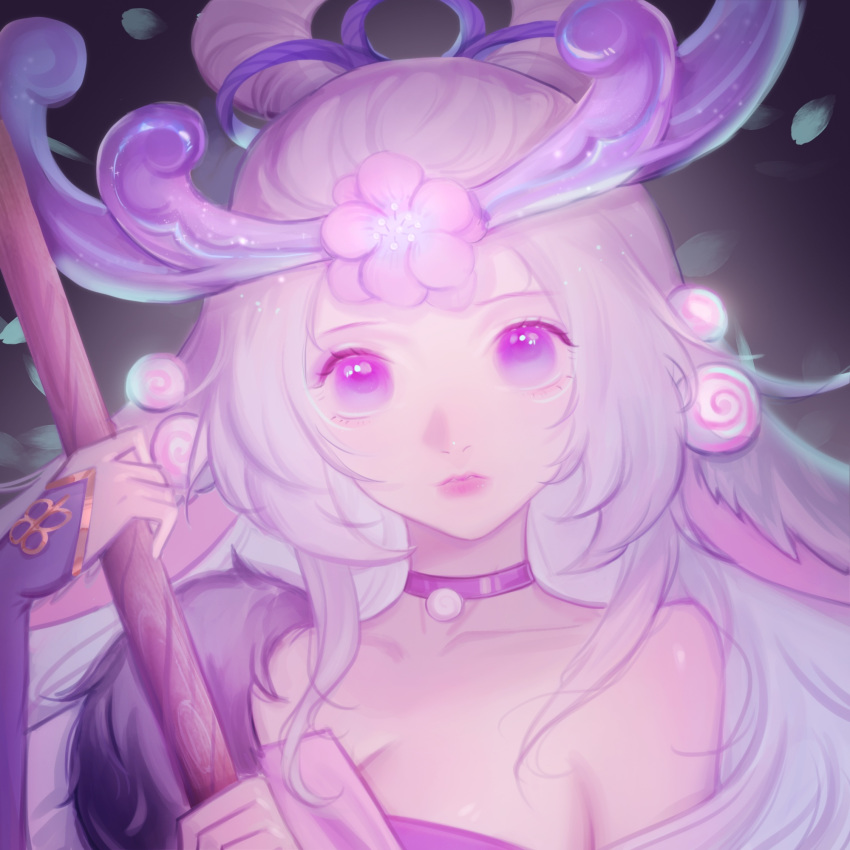 1girl bangs bare_shoulders blue_ribbon breasts choker cleavage flower hair_flower hair_ornament hair_rings highres league_of_legends lillia_(league_of_legends) long_hair purple_eyes ribbon saikayo solo spirit_blossom_lillia staff upper_body