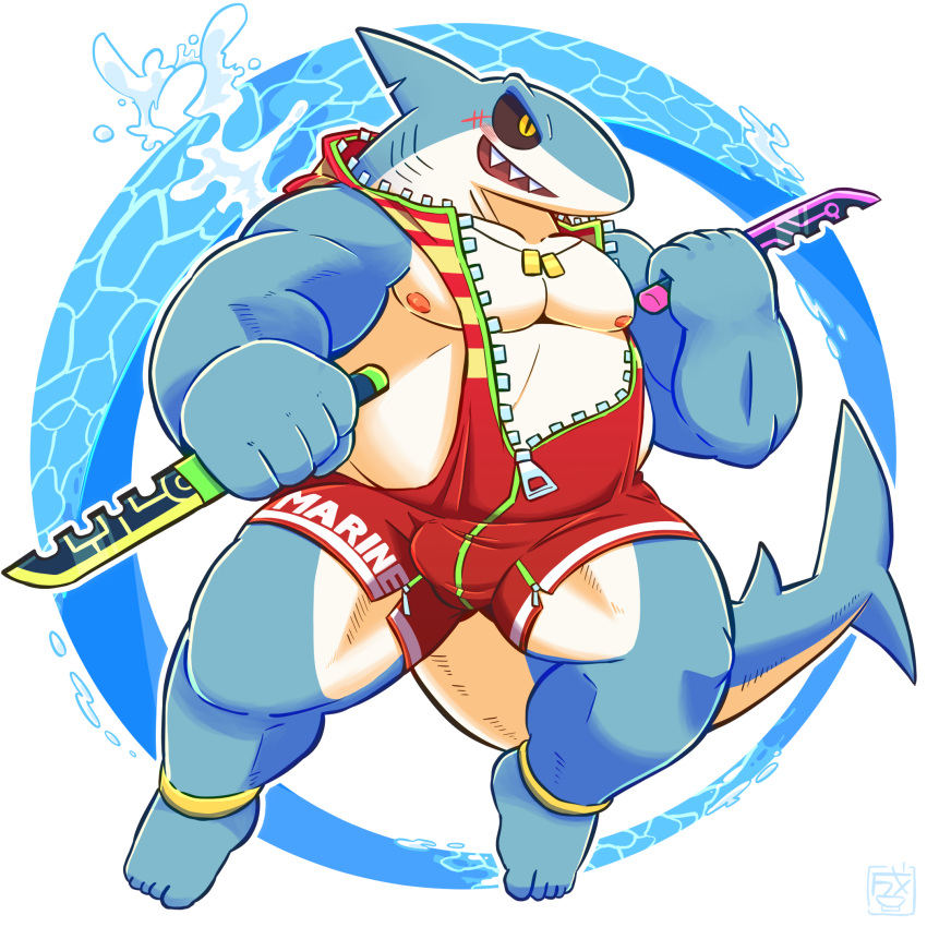 1:1 2020 allstatus3 anthro belly blue_body blush bulge clothed clothing fish hi_res kemono male marine moobs nipples overweight overweight_anthro overweight_male shark solo weapon