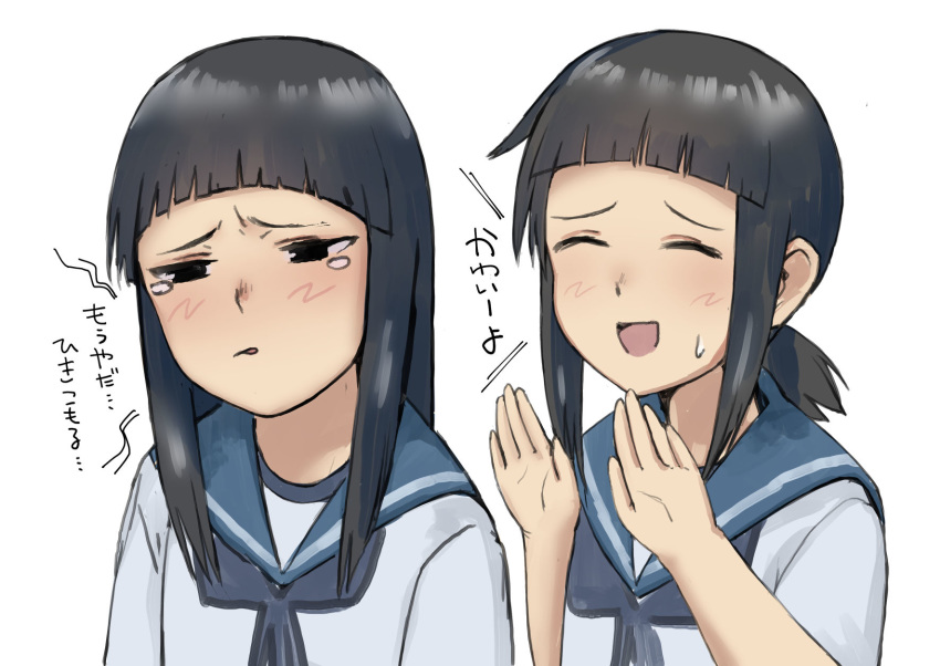 2girls alternate_hairstyle bangs black_hair blunt_bangs blush closed_eyes commentary_request fubuki_(kantai_collection) hands_up hatsuyuki_(kantai_collection) highres kantai_collection long_hair multiple_girls sakieko school_uniform short_bangs short_ponytail sweatdrop tearing_up translation_request uniform