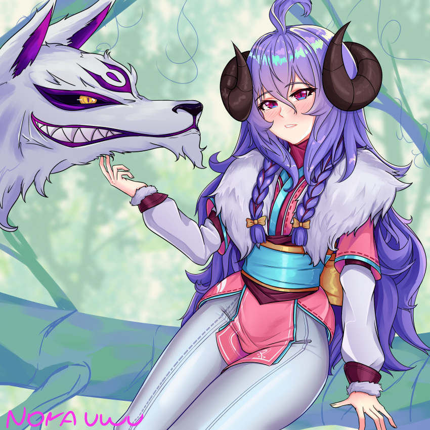 1girl absurdres ahoge alternate_costume alternate_hair_color alternate_hairstyle animal_ears blue_hair blush bow curled_horns dress eyebrows_visible_through_hair flower fur hair_between_eyes hair_flower hair_ornament highres hooves horns in_tree japanese_clothes kimono kindred lamb_(league_of_legends) league_of_legends long_hair long_sleeves norauwu open_mouth outdoors petting pink_dress pink_eyes pink_kimono purple_hair ribbon sitting sitting_in_tree smile spirit_blossom_kindred tree twintails white_fur white_hair wolf wolf_(league_of_legends) yellow_bow