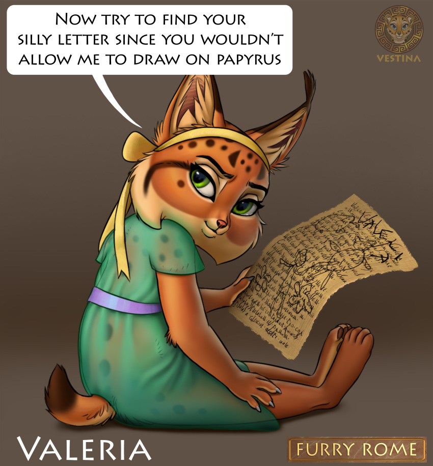 absurd_res ancient_rome belt clothed clothing dialogue dress english_text felid feline female fur furry_rome green_eyes hi_res inner_ear_fluff latin_text lynx mammal orange_body orange_fur papyrus_(material) simple_background smile smirk solo speech_bubble spots spotted_body spotted_fur text tuft valeria_(vestina) vestina young