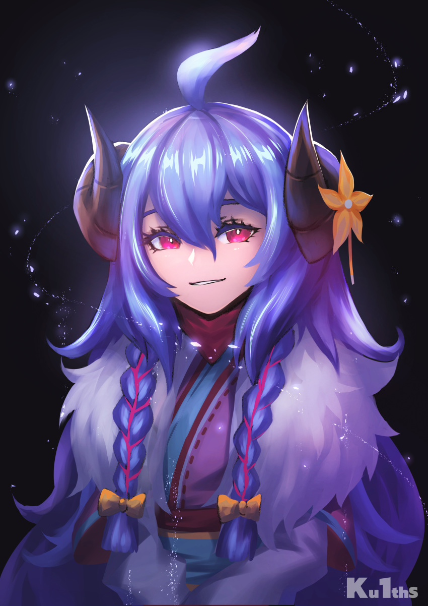 1girl absurdres ahoge alternate_costume alternate_hair_color alternate_hairstyle bow curled_horns flower fur hair_between_eyes hair_flower hair_ornament hair_ribbon highres horns japanese_clothes kimono kindred ku1ths lamb_(league_of_legends) league_of_legends long_hair long_sleeves looking_at_viewer open_mouth pink_kimono purple_hair red_eyes ribbon smile solo spirit_blossom_kindred twintails white_fur yellow_bow