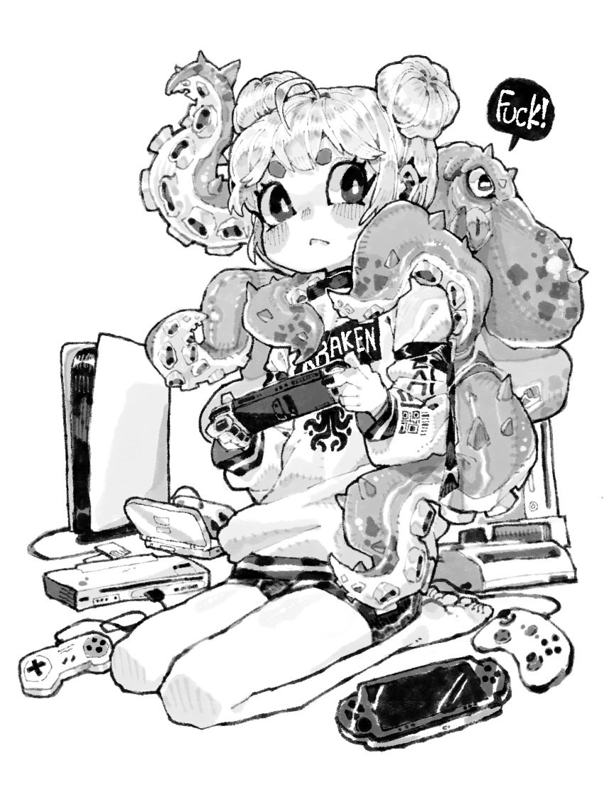 1girl ahoge animal barcode barefoot blush closed_mouth controller double_bun ear_piercing earrings english_text fingernails game_console game_controller greyscale hair_bun handheld_game_console hb_091 highres holding jewelry kneeling looking_back monochrome nintendo_ds nintendo_switch octopus original piercing playing_games playstation_4 playstation_portable qr_code short_eyebrows short_hair simple_background speech_bubble spikes tentacles white_background wii