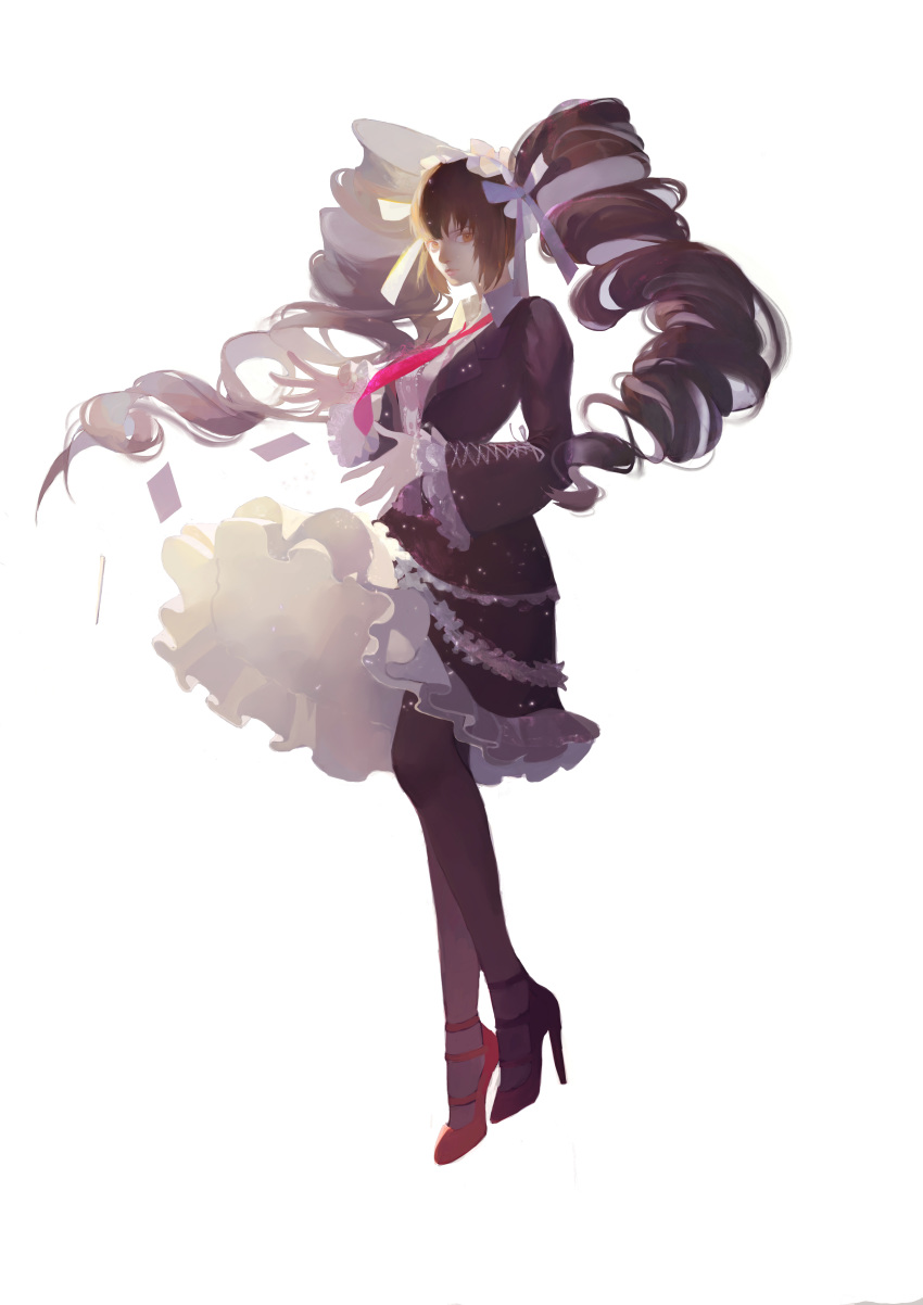 1girl absurdres black_dress black_hair brown_eyes card celestia_ludenberck closed_mouth danganronpa danganronpa_1 dress drill_hair frilled_dress frilled_sleeves frills high_heels highres lipstick long_hair makeup necktie pink_lips red_footwear red_neckwear simple_background solo soungruan_mian_mao twintails very_long_hair white_background