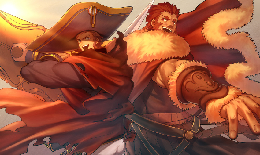 2boys absurdres armor back-to-back beard belt blue_eyes brown_hair cannon cape collar commission commissioner_upload couple dark_skin dark_skinned_male day dynamic_pose epaulettes facial_hair fate/grand_order fate/zero fate_(series) fighting_stance from_side fur_trim goatee highres holding huge_filesize huge_weapon iskandar_(fate) large_hat leather light long_sleeves male_focus military military_uniform moto_(otemoto02) multiple_boys muscle napoleon_bonaparte_(fate/grand_order) open_mouth outdoors pants red_cape red_eyes red_hair short_hair sideburns simple_background skeb_commission smile standing sword tight uniform weapon white_pants wind wind_lift
