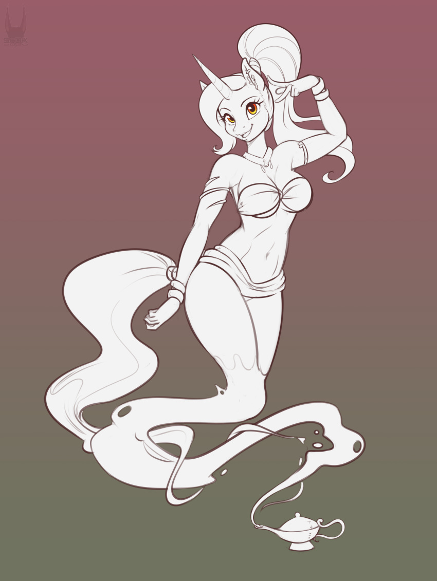 2020 absurd_res anthro black_and_white bra bracelet clothed clothing collar ear_piercing ear_ring equid equine fan_character female floating fully_clothed genie gesture grey_background hair happy hasbro hi_res horn jewelry lamp looking_at_viewer magic_lamp mammal midriff monochrome my_little_pony orange_eyes panties piercing pointing pointing_at_self ponytail scorpdk simple_background smile solo spot_color underwear unicorn