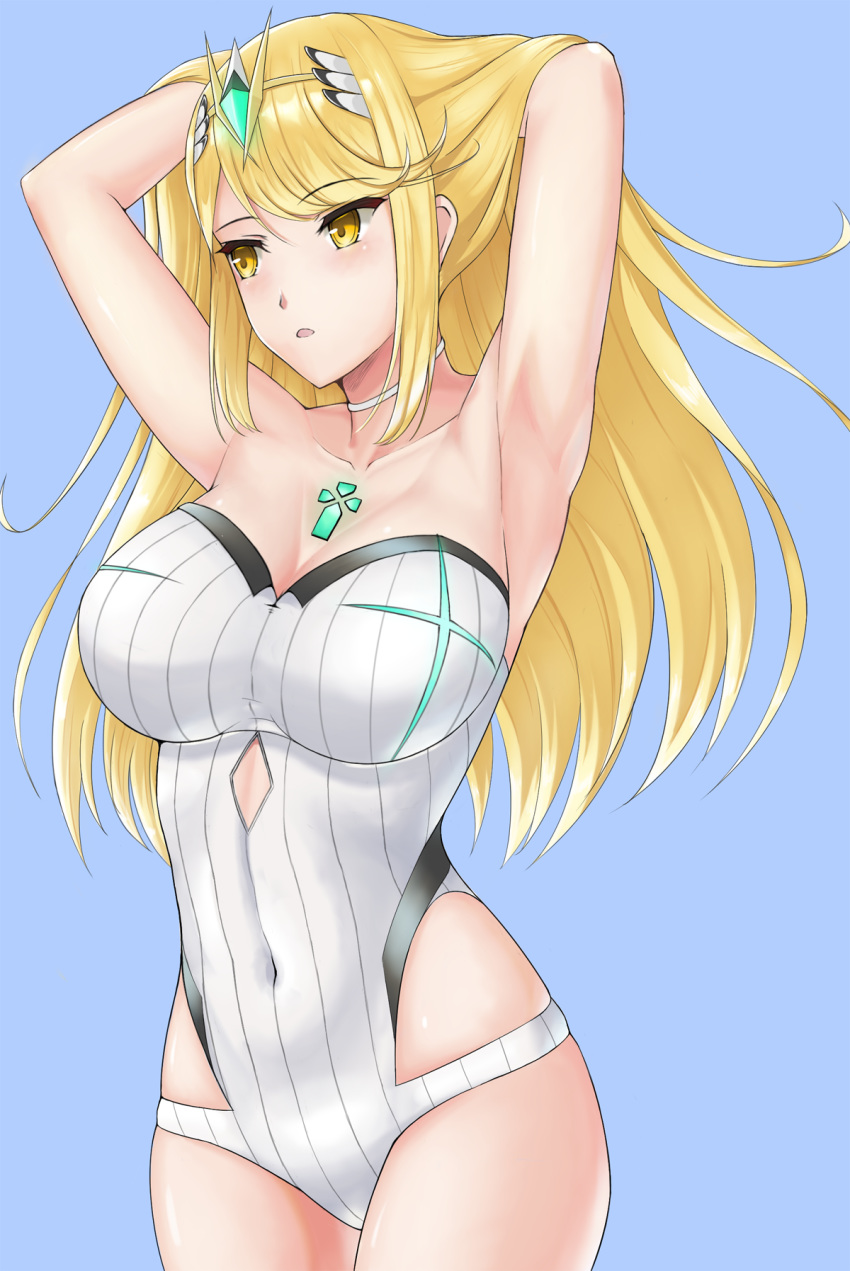 1girl armpits arms_behind_head bangs blonde_hair blue_background breasts chest_jewel choker covered_navel cowboy_shot highres hikari_(xenoblade_2) jewelry large_breasts long_hair maou_ksw one-piece_swimsuit solo strapless strapless_swimsuit swept_bangs swimsuit tiara white_choker white_swimsuit xenoblade_(series) xenoblade_2 yellow_eyes