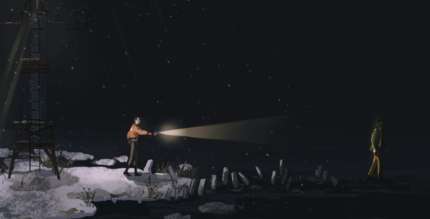 2boys black_sky disco_elysium flashlight from_side harry_du_bois highres holding holding_flashlight jacket kim_kitsuragi ladder mimulishizi multiple_boys night orange_jacket outdoors profile rock scenery sky snow utility_pole walking water wide_shot