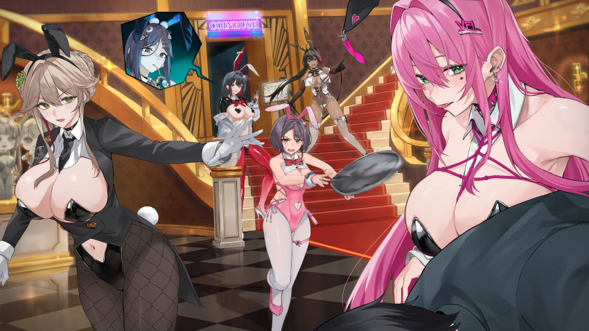 1boy 6+girls absurdres ade_(agent_bunny)_(nikke) ade_(nikke) alice_(nikke) alice_(wonderland_bunny)_(nikke) animal_ear_hairband animal_ears animal_print armpits bare_shoulders bay_(nikke) bay_(radiant_rabbit)_(nikke) between_breasts black_arm_warmers black_choker black_gloves black_hair black_jacket black_leotard black_necktie black_shrug black_wrist_cuffs blonde_hair bow bowtie braid breast_curtains breasts bun_with_braided_base can carrying carrying_person carrying_under_arm checkered_floor choker cleavage closed_mouth clothing_cutout clover_hair_ornament coattails collar collarbone colored_inner_hair commander_(nikke) commentary_request dark-skinned_female dark_skin detached_collar drink_can drinking_straw drinking_straw_in_mouth ear_piercing earpiece exia_(hacker_rabbit)_(nikke) exia_(nikke) eyewear_hang fake_animal_ears fake_tail fishnet_pantyhose fishnets four-leaf_clover_hair_ornament frontless_outfit full_body glasses gloves goddess_of_victory:_nikke green_eyes hair_between_eyes hair_intakes hair_ornament hairband hairclip heart_cutout heart_maebari heart_pasties high_heels high_ponytail highleg highleg_leotard highres holding holding_can holding_walkie-talkie implied_vibrator indoors jacket jewelry large_breasts latex_shrug leggings leotard lock long_hair long_hair_between_eyes long_sleeves looking_at_another maebari making-of_available milk_(blooming_bunny)_(nikke) milk_(nikke) mismatched_pasties mole mole_on_breast mole_on_crotch mole_on_stomach mole_under_mouth multicolored_hair multiple_girls nagato_tsumugu navel navel_cutout necktie necktie_between_breasts off_shoulder official_alternate_costume on_stairs one_side_up open_mouth padlock pantyhose parted_bangs pasties piercing pink_hair pink_leotard pink_rope pink_shoes playboy_bunny pointing ponytail purple_eyes rabbit_ear_hairband rabbit_ears rabbit_print rabbit_tail red_bow red_bowtie red_hair red_leggings revealing_clothes reverse_bunnysuit reverse_outfit ring rope rouge_(nikke) rouge_(unlucky_rabbit)_(nikke) see-through_clothes see-through_leotard see-through_thighhighs shadow shirt shoes short_hair shrug_(clothing) side-tie_leotard sidelocks skindentation smile soda_(nikke) soda_(twinkling_bunny)_(nikke) soda_can spade_hair_ornament spade_pasties spiked_collar spikes stairs standing star_(symbol) star_sticker statue sticker sticker_on_face strapless strapless_leotard streaked_hair swept_bangs tail teeth thigh_strap thighhighs tongue tongue_out undersized_breast_cup unworn_eyewear upper_teeth_only velvet_(nikke) vibrator_cord walkie-talkie white_pantyhose white_shirt white_shrug white_thighhighs white_wrist_cuffs wrist_cuffs yellow_eyes