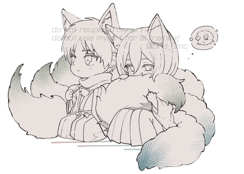 1boy 1girl 5nd_0mc animal_ear_fluff animal_ears bell chibi chibi_only eren_yeager fox_boy fox_ears fox_girl fox_tail greyscale hair_between_eyes hakama highres image_in_thought_bubble japanese_clothes kemonomimi_mode light_blush mikasa_ackerman monochrome multiple_tails neck_bell parted_bangs scarf sheep shingeki_no_kyojin short_hair sitting spiral_horn tail twitter_username white_background