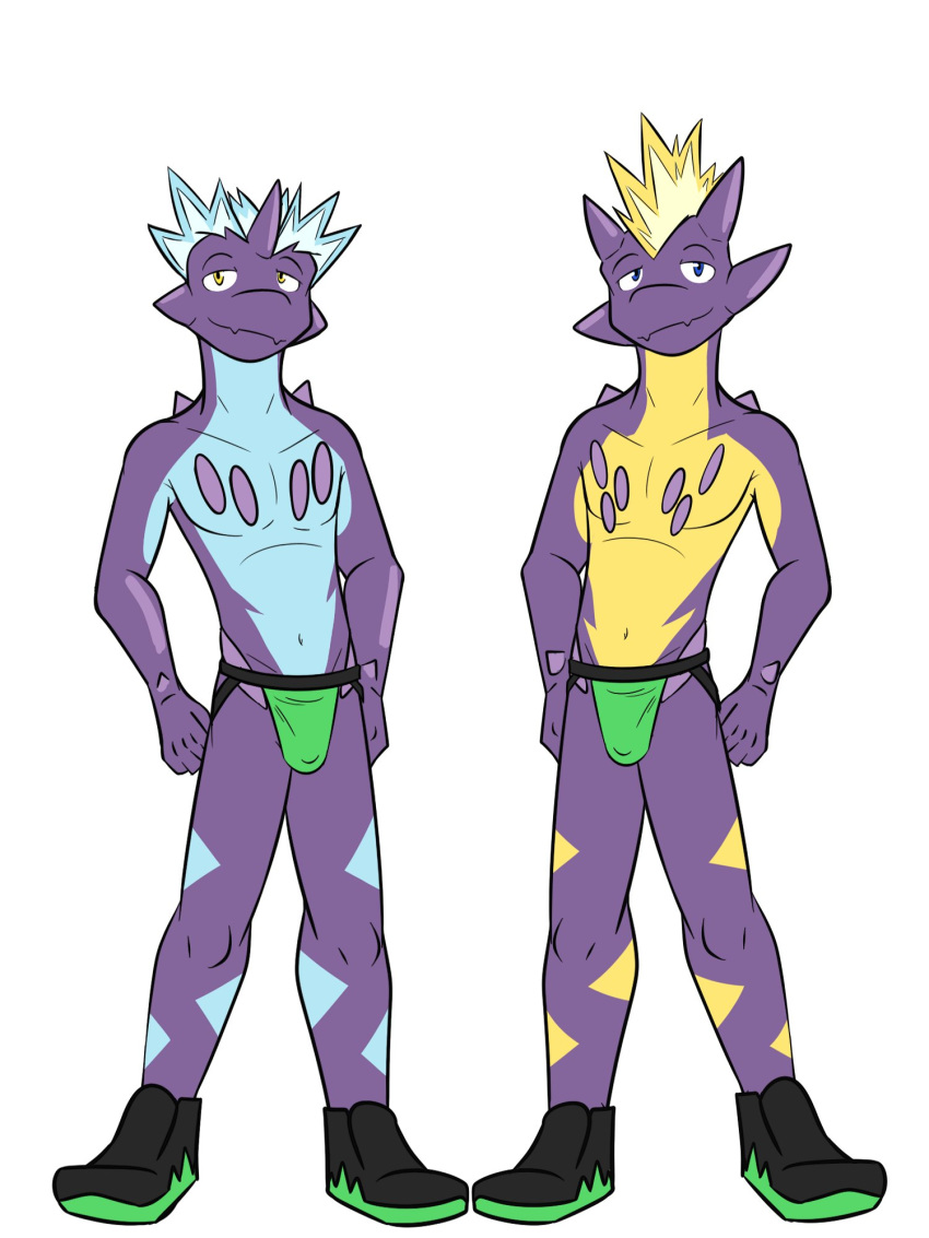 3:4 amped_toxtricity anthro anthrofied clothed clothing duo footwear full-length_portrait fuze hi_res jockstrap low_key_toxtricity male navel nintendo pok&eacute;mon pok&eacute;mon_(species) portrait shoes simple_background topless toxtricity underwear underwear_only video_games white_background