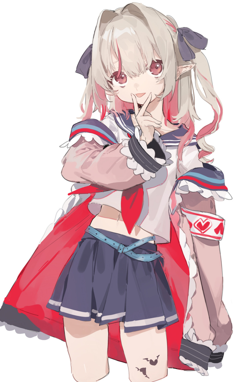 1girl absurdres armband bangs belt blue_belt blue_skirt blush closed_mouth cropped_legs grey_background grey_hair highres jacket leg_tattoo makaino_ririmu miniskirt multicolored_hair navel nijisanji off_shoulder pink_jacket pleated_skirt pointy_ears red_eyes red_hair school_uniform sh_(562835932) shirt short_sleeves simple_background skirt smile solo standing streaked_hair tattoo tongue tongue_out v_over_mouth virtual_youtuber white_shirt