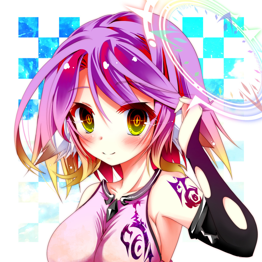 +_+ 1girl alternate_hair_length alternate_hairstyle armpits bangs bare_shoulders blush breasts bridal_gauntlets checkered checkered_background collarbone commentary_request crop_top eyebrows_visible_through_hair gloves glowing glowing_eyes gradient_hair hair_between_eyes halo hand_up highres jibril_(no_game_no_life) large_breasts looking_at_viewer mii_aki multicolored multicolored_eyes multicolored_hair no_game_no_life pink_hair pink_shirt shirt short_hair shoulder_tattoo sideboob sidelocks sleeveless sleeveless_shirt smile solo symbol-shaped_pupils tattoo torn_clothes torn_gloves upper_body wing_ears yellow_eyes