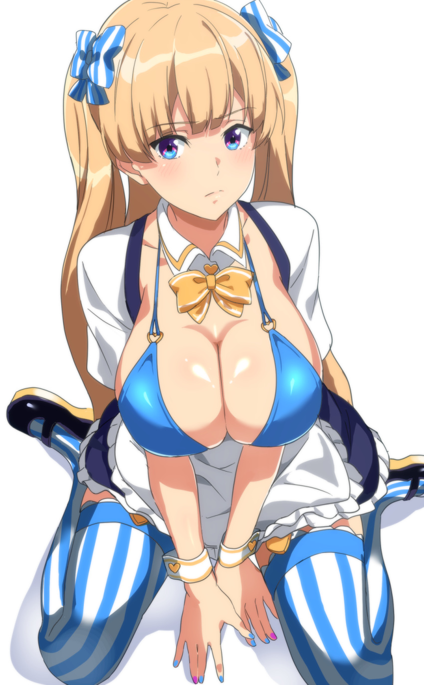 1girl apron bangs bikini bikini_top black_footwear blonde_hair blue_bikini blue_bow blue_eyes blush borrowed_character bow breastless_clothes breasts eyebrows_visible_through_hair frilled_apron frills hair_bow heart-shaped_buttons heart_button highres large_breasts lina_(michihasu) long_hair looking_at_viewer mary_janes miniskirt multicolored multicolored_eyes multicolored_nails original shoes short_sleeves simple_background sitting skirt solo striped striped_legwear swimsuit thighhighs twintails v_arms vertical-striped_bow vertical-striped_legwear vertical_stripes very_long_hair vright_leftv waist_apron waitress wariza white_apron white_background wrist_cuffs yellow_bow