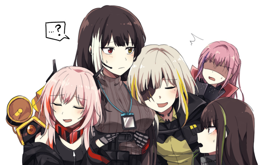 5girls ? bangs black_coat black_hair blonde_hair blush breast_lift breast_pillow breasts brown_eyes closed_eyes coat dinergate_(girls_frontline) dress eyebrows_visible_through_hair eyepatch girls_frontline gloves grabbing green_hair grey_hair head_on_chest headset heterochromia highres id_card jacket lanyard lix long_hair m16a1_(girls_frontline) m16a1_(girls_frontline)_(boss) m4_sopmod_ii_(girls_frontline) m4a1_(girls_frontline) megaphone mod3_(girls_frontline) mole mole_under_eye multicolored_hair multiple_girls off_shoulder pink_hair ponytail pouch purple_hair red_eyes red_hair ro635_(dinergate) ro635_(girls_frontline) sangvis_ferri scar shirt sidelocks silver_hair sleeveless st_ar-15_(girls_frontline) streaked_hair surprised sweatdrop sweater sweater_dress turtleneck turtleneck_sweater white_background white_hair yellow_eyes yellow_jacket yuri