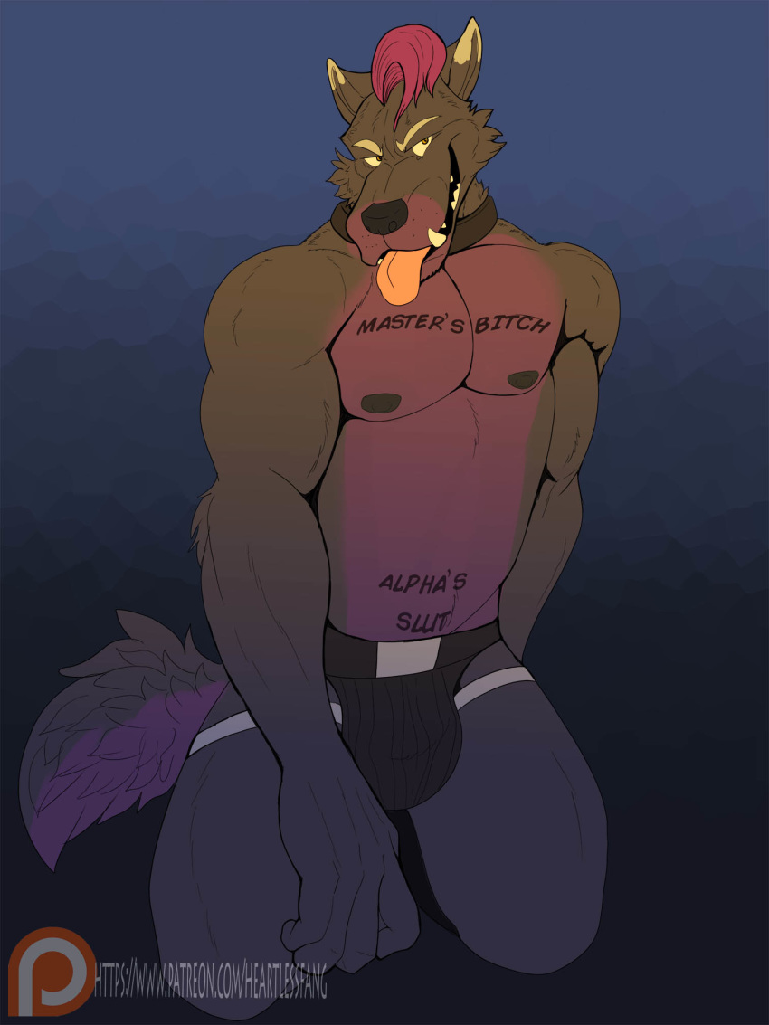 2020 3:4 anthro biceps biped black_body black_clothing black_fur black_nipples black_nose black_tail black_underwear blonde_eyebrows body_writing bulge canid canine canis cheek_tuft clothed clothing collar digital_media_(artwork) dipstick_ears english_text eyebrows facial_tuft fangs front_view fur gradient_background hair hand_behind_back heartlessfang hi_res jockstrap kneeling looking_at_viewer male mammal multicolored_body multicolored_ears multicolored_fur multicolored_tail muscular muscular_anthro muscular_male nipples patreon pecs pink_hair purple_body purple_fur purple_tail short_hair simple_background smile smirk snout solo teeth text tongue tongue_out tuft two_tone_ears two_tone_tail underwear url wolf yellow_body yellow_eyes yellow_fur yellow_tongue