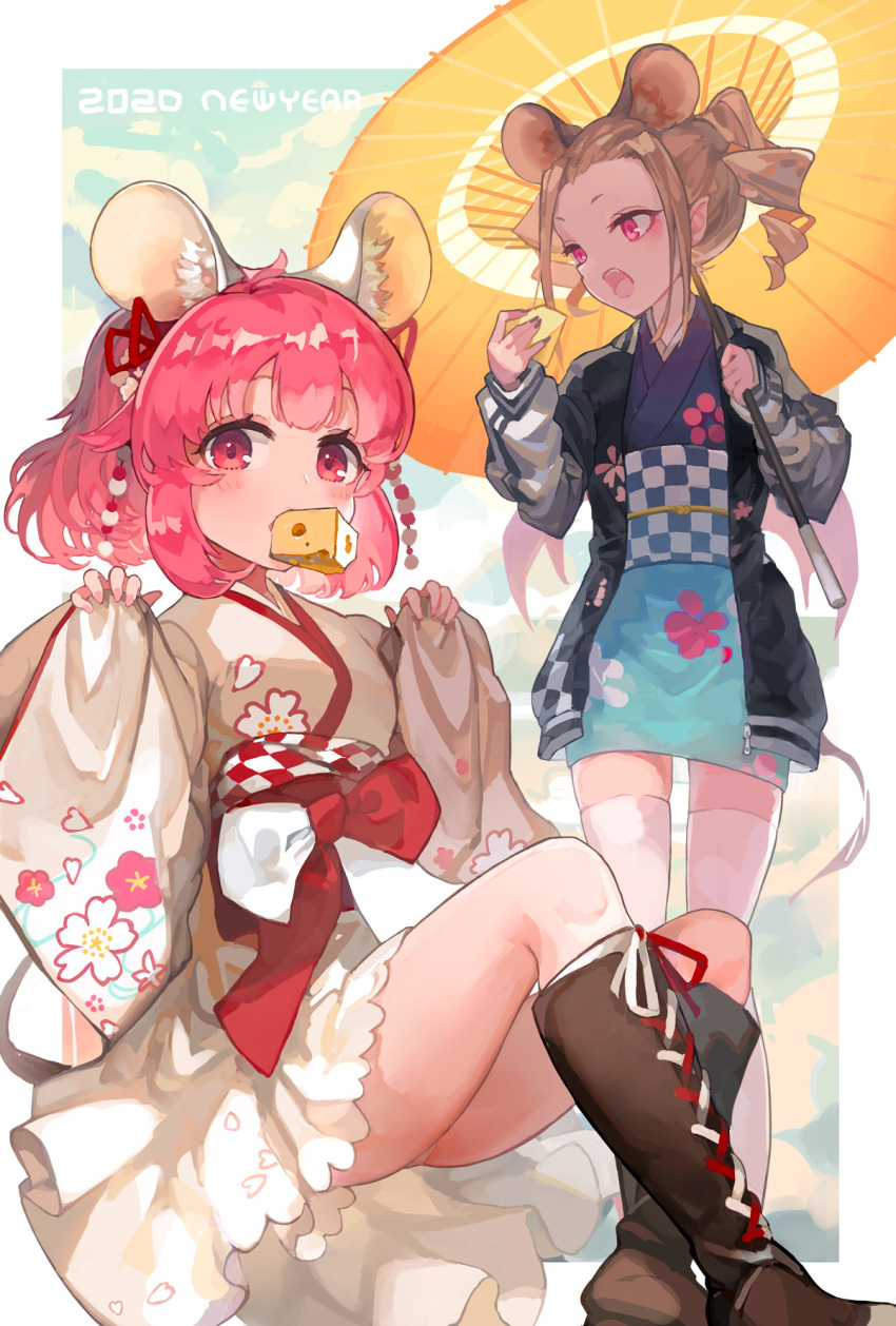 1girl animal_ears bangs black_jacket black_nails blue_kimono boots brown_footwear brown_hair checkered cheese chinese_zodiac commentary_request cross-laced_footwear drill_hair food food_in_mouth forehead highres holding holding_food holding_umbrella jacket japanese_clothes kimono knee_boots knees_up lace-up_boots long_sleeves madaragi mouse_ears mouth_hold nail_polish new_year obi open_clothes open_jacket oriental_umbrella original parted_bangs pinching_sleeves ponytail puffy_long_sleeves puffy_sleeves red_eyes red_hair sash sitting sleeves_past_wrists solo standing thighhighs umbrella v-shaped_eyebrows white_kimono white_legwear wide_sleeves year_of_the_rat yellow_umbrella