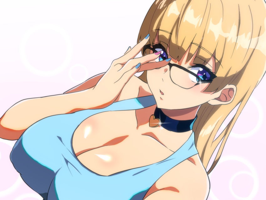 1girl :o adjusting_eyewear bangs bare_shoulders black-framed_eyewear black_choker blonde_hair blue_eyes blue_nails blue_tank_top borrowed_character breasts choker cleavage eyebrows_visible_through_hair glasses heart heart_choker highres large_breasts lina_(michihasu) looking_at_viewer multicolored multicolored_nails original pink_nails simple_background solo tank_top upper_body vright_leftv white_background