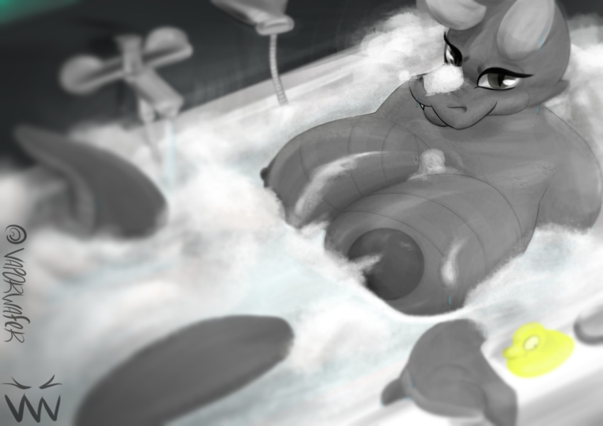 anthro bathtub big_breasts breasts bubble depth_of_field dragon female grey_body hi_res horn looking_at_viewer nude partially_submerged solo teeth vapebrowoeon water