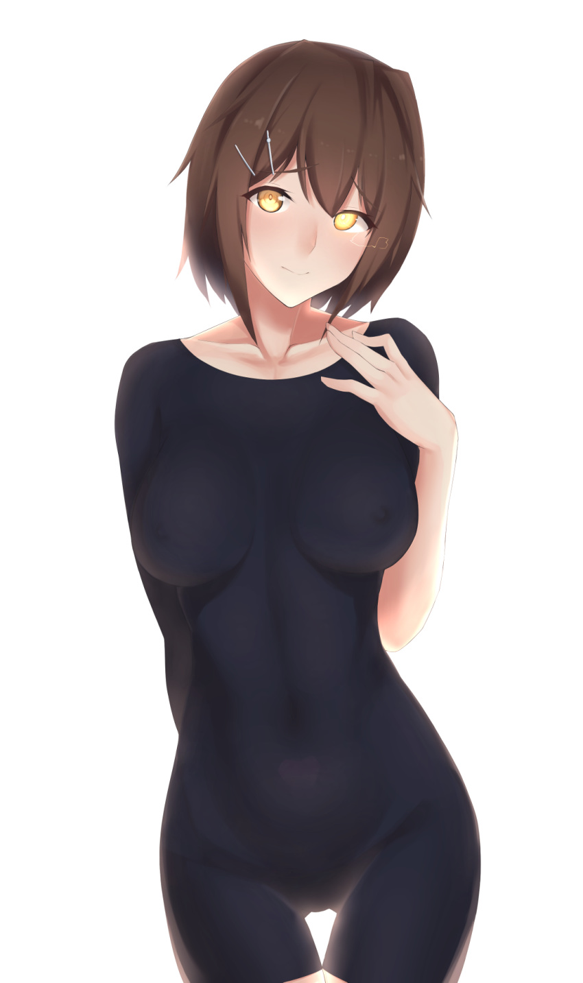 1girl arm_behind_back bangs black_bodysuit blush bodysuit breasts brown_hair collarbone covered_nipples eyebrows_visible_through_hair furutaka_(kantai_collection) glowing glowing_eye hair_ornament hairclip highres kantai_collection large_breasts moose_(moosemitchell2) short_hair simple_background smile solo white_background yellow_eyes