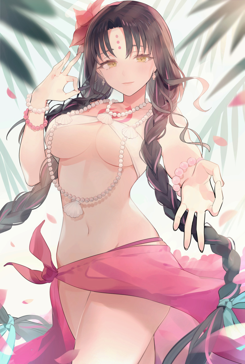 1girl absurdres bikini black_hair bracelet braid breasts brown_eyes chest_tattoo commentary_request earrings facial_mark fate/grand_order fate_(series) flower forehead_mark forehead_tattoo hair_flower hair_ornament highres jewelry long_braid long_hair medium_breasts mudra multicolored_hair navel necklace palm_tree pearl_bracelet pearl_necklace pink_hair pink_sarong sarong sesshouin_kiara sesshouin_kiara_(swimsuit_mooncancer)_(fate) solo streaked_hair swimsuit tattoo tree twin_braids tym_taro underboob very_long_hair white_bikini