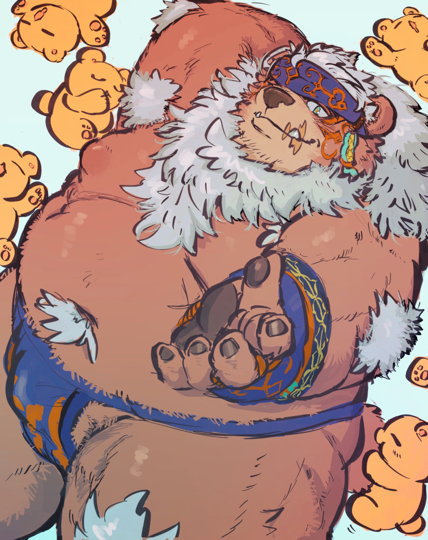 2020 absurd_res anthro belly bulge buta5kawa clothing group hi_res kemono kimun_kamui_(tas) loincloth male mammal moobs nipples overweight overweight_male scar simple_background tokyo_afterschool_summoners ursid video_games