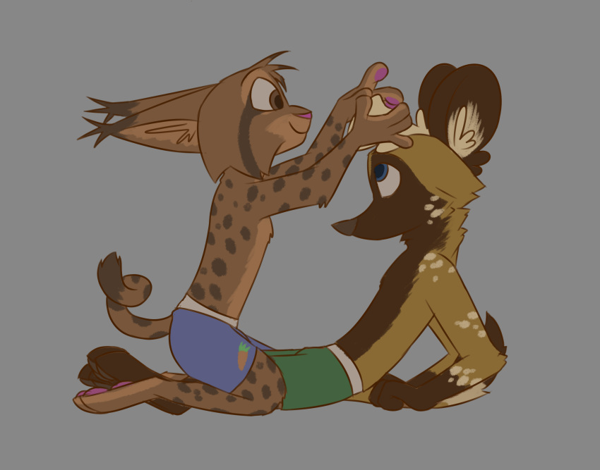 2019 african_wild_dog anthro boxers_(clothing) brown_body brown_eyes brown_fur canid canine clothed clothing duo ear_tuft felid feline fur head_tuft hi_res inner_ear_fluff kneeling lynx male mammal marc_(theblueberrycarrots) milo_(juantriforce) side_view simple_background smile spots spotted_body spotted_fur straddling theblueberrycarrots topless tuft underwear