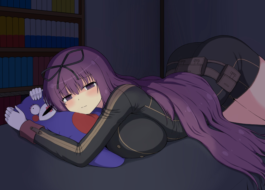 1girl :t absurdres bangs bebe-tan belt_pouch black_ribbon blush book bookshelf breast_press breasts gloves hair_ribbon highres holding holding_stuffed_animal huge_breasts indoors johnny_(seek_as_1990sp) long_hair looking_at_viewer lying military military_uniform murasaki_(senran_kagura) no_hat no_headwear on_bed on_stomach pouch purple_eyes purple_hair ribbon senran_kagura senran_kagura_new_link solo stuffed_animal stuffed_toy tears teddy_bear uniform very_long_hair white_gloves