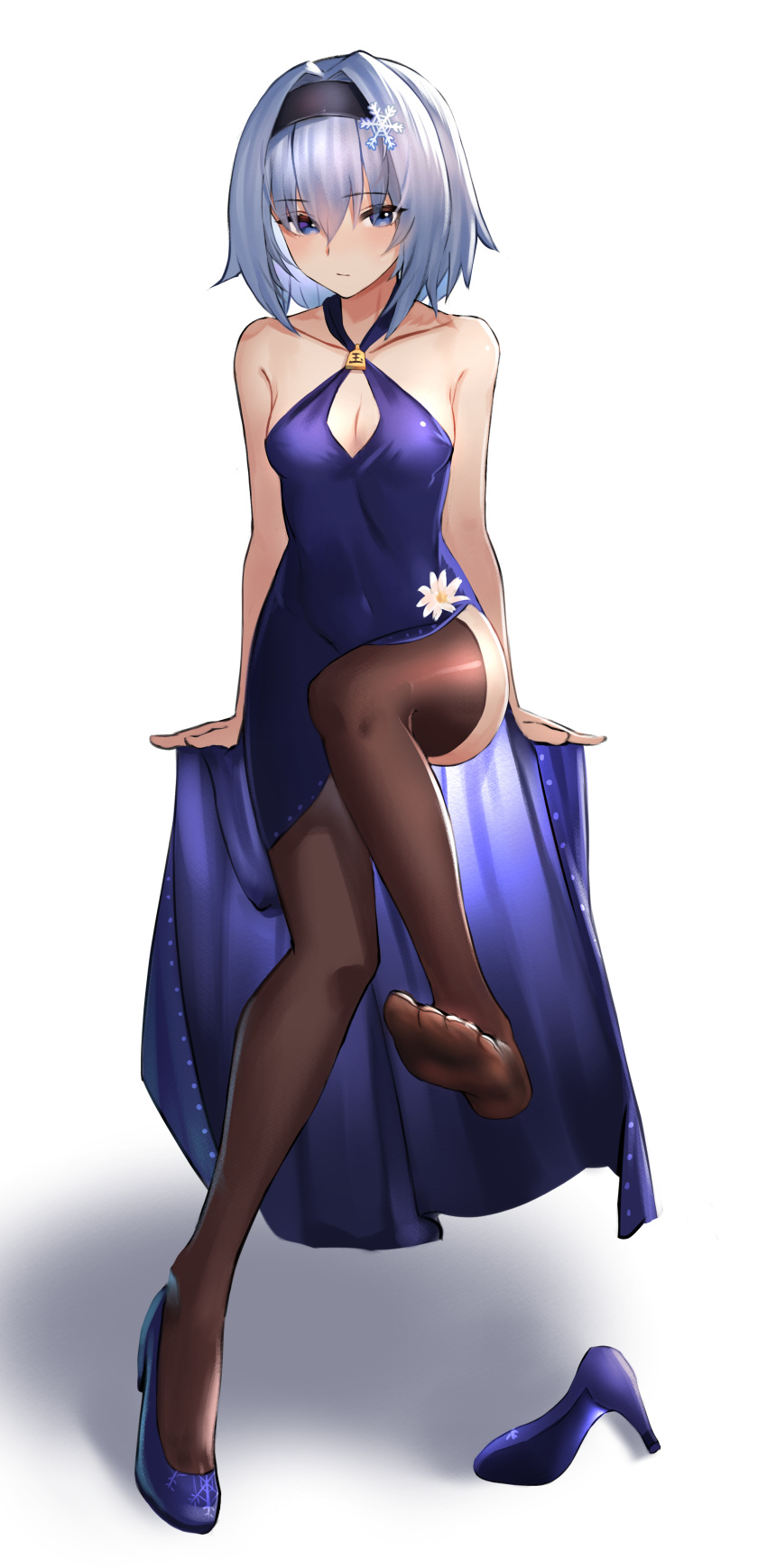 1girl absurdres black_legwear blue_dress blue_eyes blue_footwear blue_hair blush breasts cleavage collarbone dress eyebrows_visible_through_hair feet hair_between_eyes hair_ornament hairband high_heels highres looking_at_viewer lordol medium_hair no_shoes outstretched_leg ryuuou_no_oshigoto! sitting small_breasts snowflake_hair_ornament soles solo sora_ginko thighhighs white_background