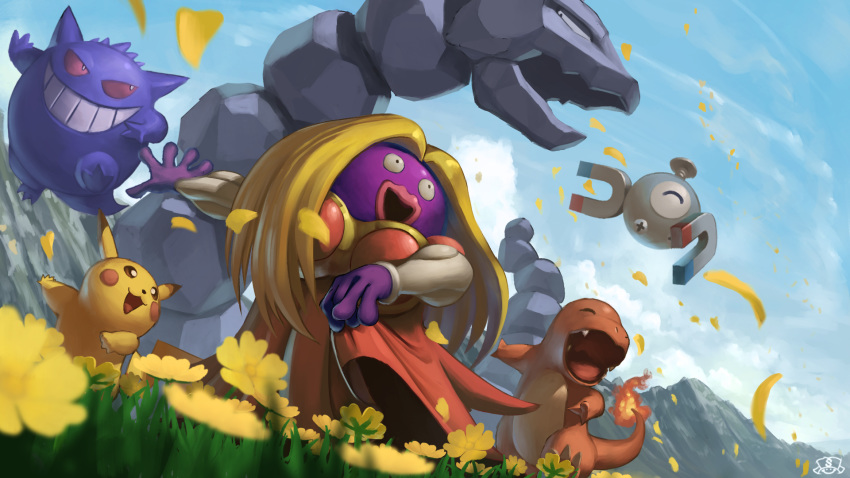 blonde_hair charmander cloud commentary_request day fire flame flower gen_1_pokemon gengar grass highres jynx magnemite mountain no_humans onix open_mouth outdoors pikachu pokemon pokemon_(creature) sky supearibu teeth tongue watermark