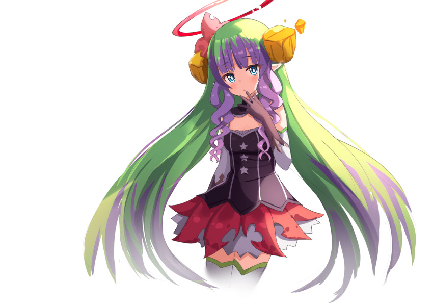 1girl :o ame. ameth_(princess_connect!) bangs bare_shoulders black_gloves blue_eyes breasts commentary_request cropped_legs detached_sleeves elbow_gloves eyebrows_visible_through_hair gloves green_hair halo hand_to_own_mouth hand_up long_hair long_sleeves multicolored_hair parted_lips pleated_skirt princess_connect! princess_connect!_re:dive purple_hair red_skirt simple_background skirt small_breasts solo thighhighs two-tone_hair very_long_hair white_background white_legwear white_sleeves