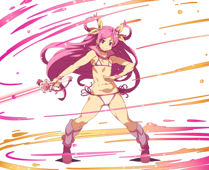 1girl ankle_boots bikini boots bow character_request closed_mouth copyright_request fighting_stance flat_chest floating_hair full_body hair_bow highres holding holding_wand legs_apart long_hair looking_at_viewer navel pink_footwear pink_hair precure purple_eyes smile socks solo standing swimsuit tasaka_shinnosuke very_long_hair wand white_bikini white_legwear wristband yellow_bow